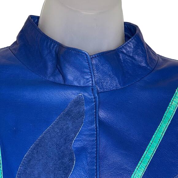 Vintage 80s Size Small Blue Leather Skirt Pants Skirt Suit Set Snakeskin Suede - Picture 7 of 16